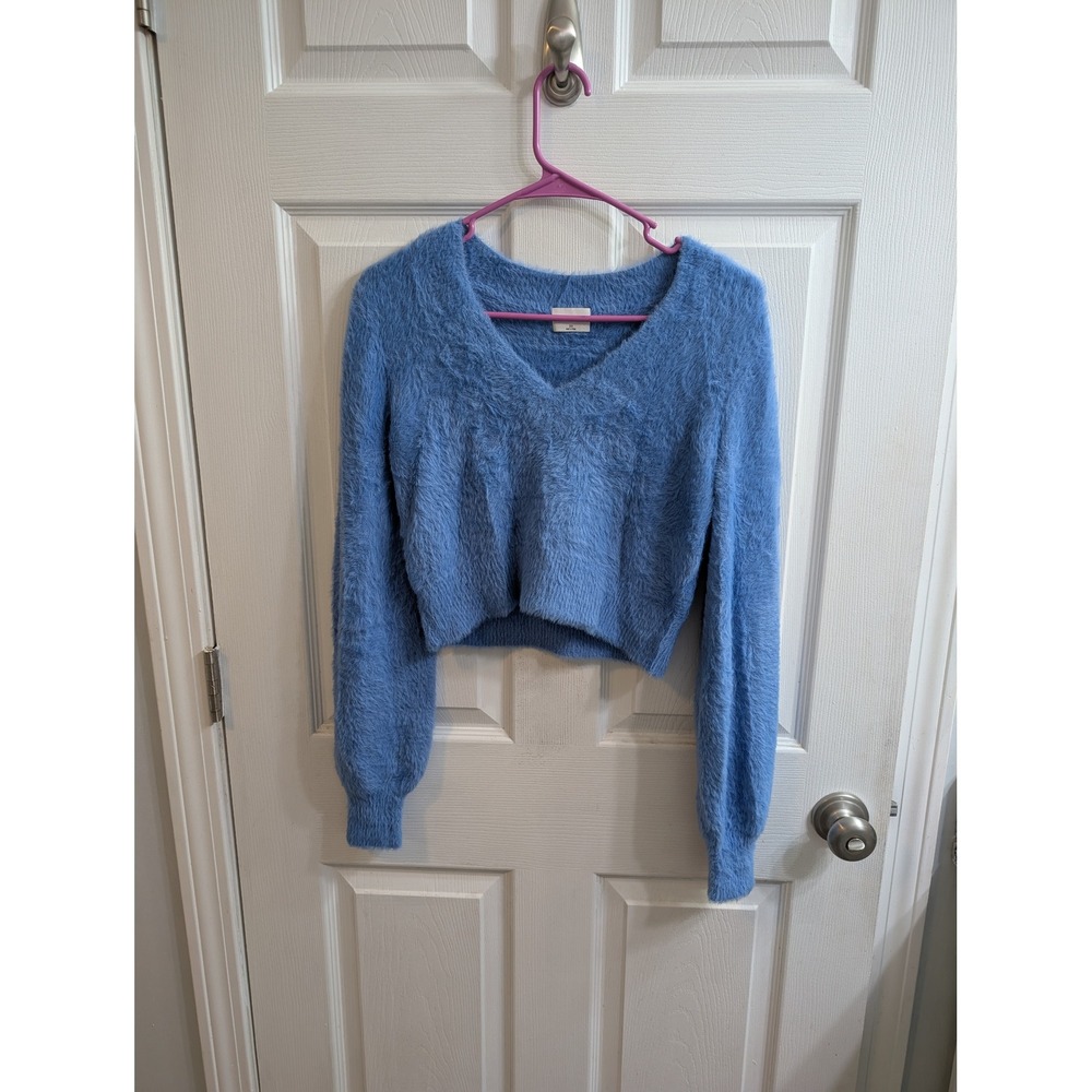 Sunday Best Fuzzy Crop Sweater Blue V Neck Long Sleeve‎ Women's - Size XS
